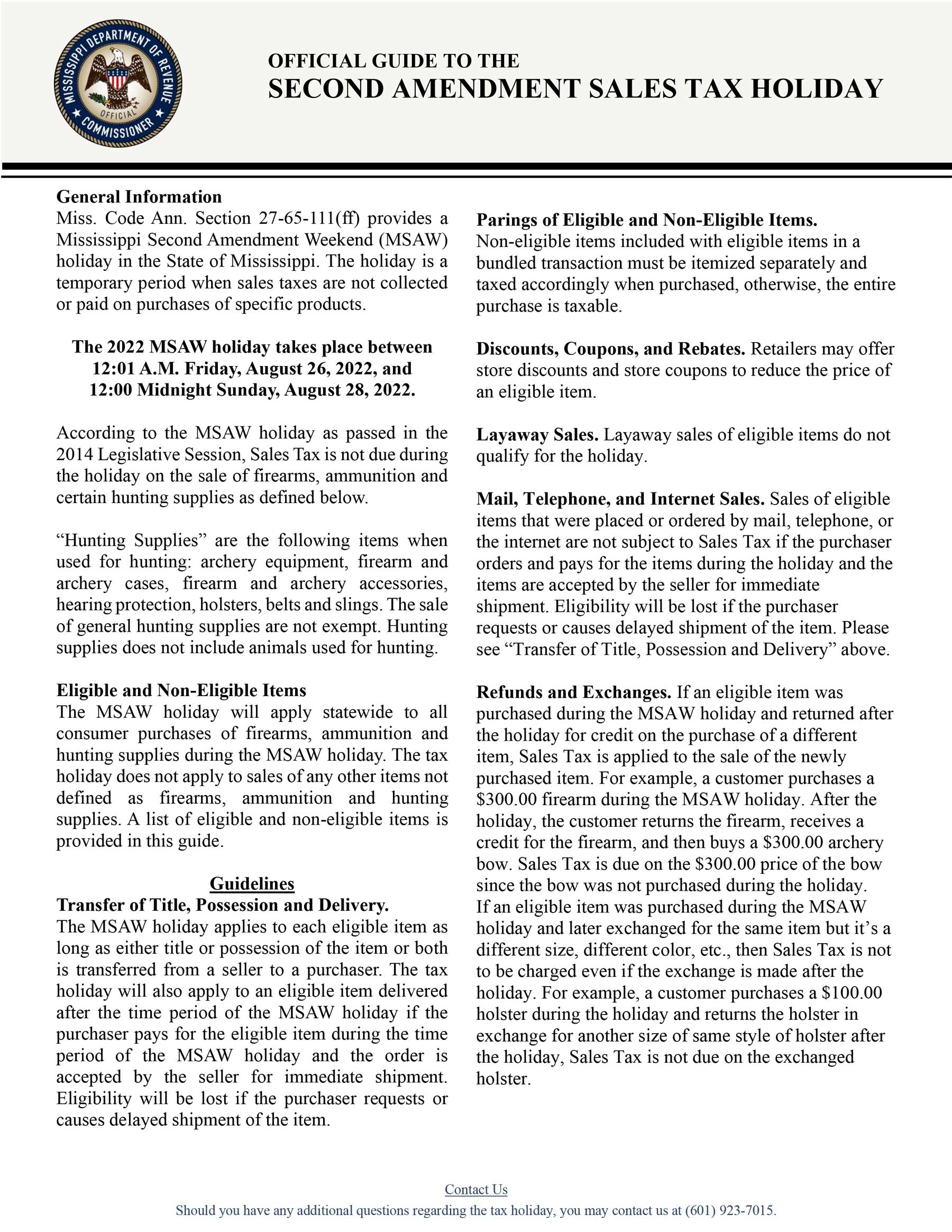 Mississippi 2nd Amendment Sales Tax Holiday