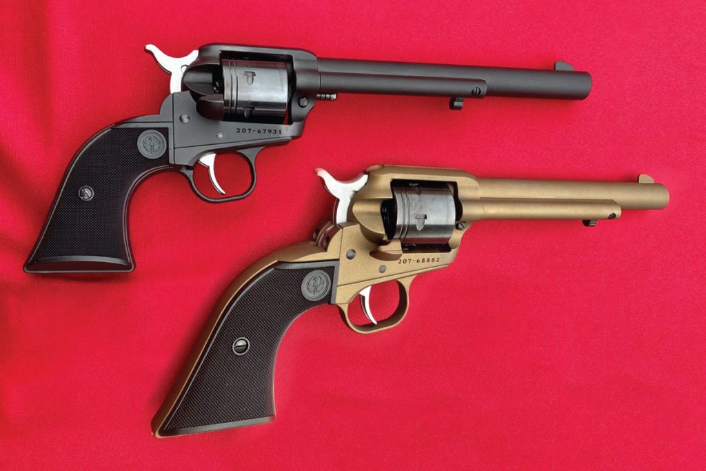 Ruger Wrangler, in 6-1/2 in. and 7-1/2 in. barrel, durable and reliable and comes in black, silver and burnt bronze. Find them on GunBroker.com