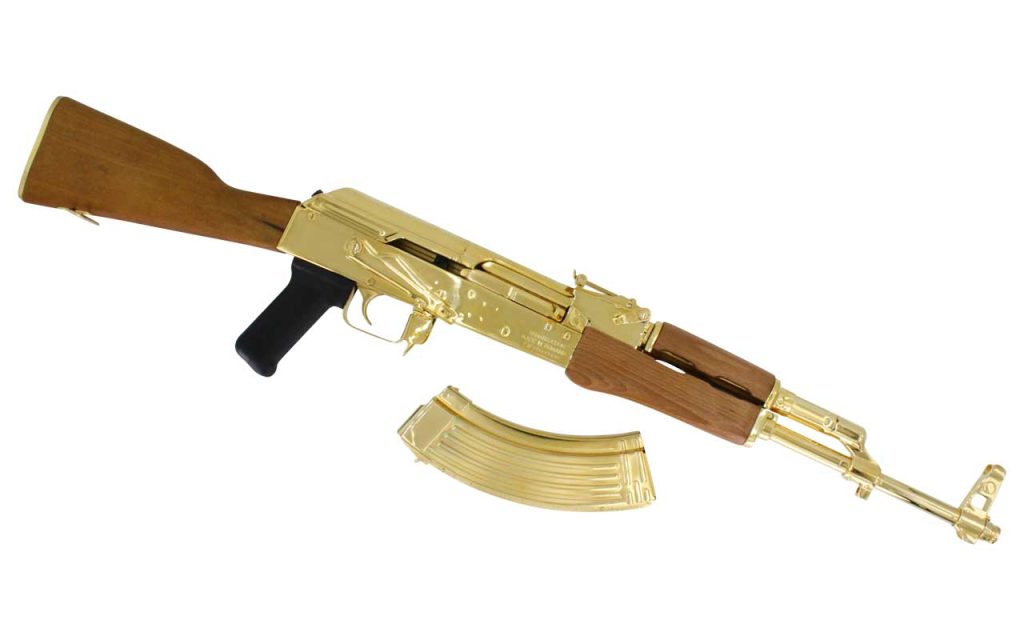 Seattle Engraving Center 24K Gold Plated WASR with gold magazine in Maple finish. Buy it on GunBroker.com