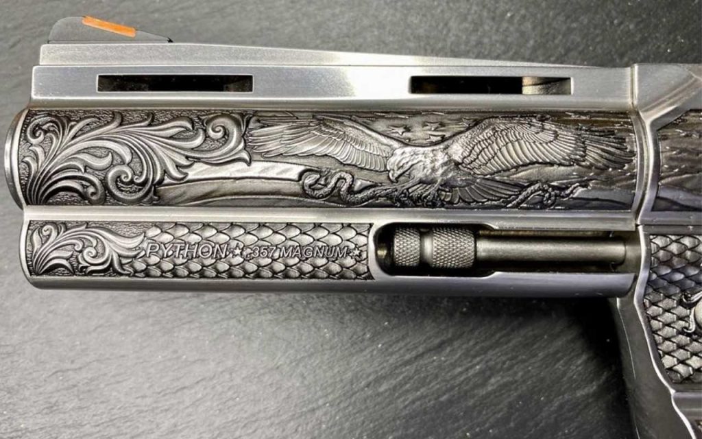 Barrel view of the Colt Python 2020 Engraved Royal Patriot by Altamont Co. 4.25" .357 Mag. Find it on GunBroker.com