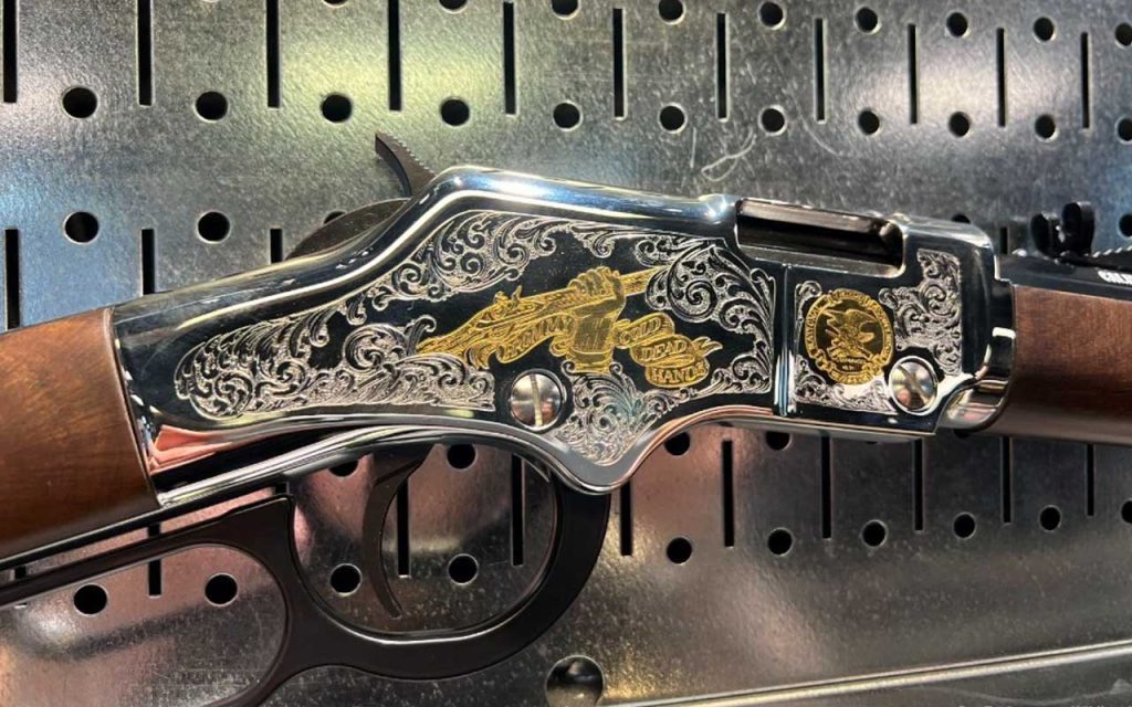 Engraving detail of Henry Golden Boy 2nd Amendment Tribute Rifle. Find it on GunBroker.com