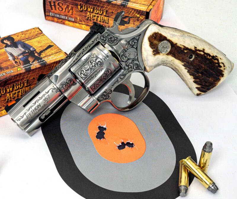  Three 5-shot groups were shot with each ammo brand and the tightest group was made using HSM Cowboy Action cartridges with a 158 gr. SWC bullet; the group measured 1.42”. GunBroker.com