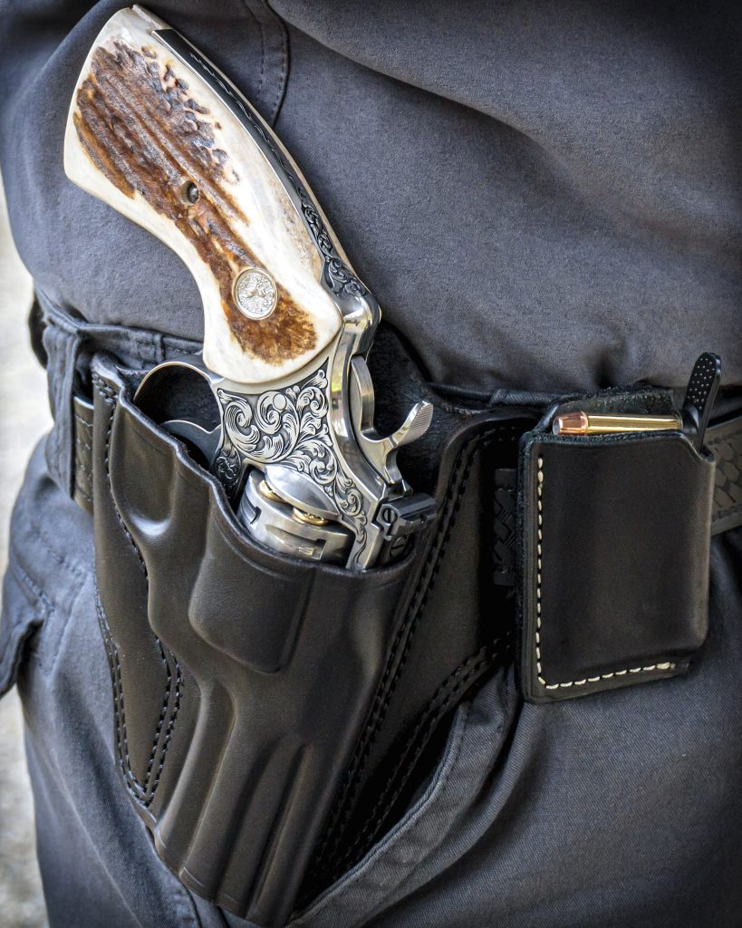 For the practical shooting/reliability exercise, the author used this holster from Kirkpatrick Custom Holsters, paired a with a cartridge pouch from Barranti Leather Co. GunBroker.com