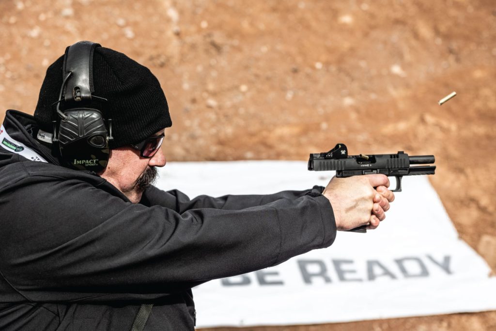 Testing the Walther WMP Walther 22 Magnum pistol on the range 