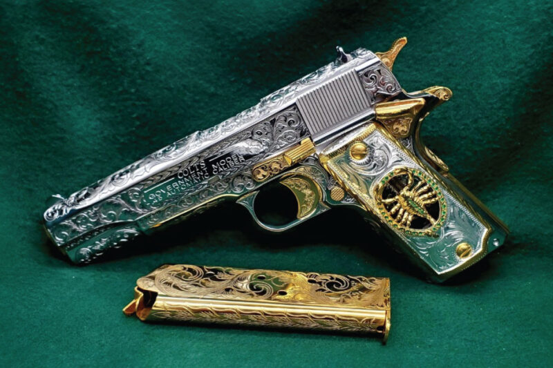 GunBroker.com Item 1012910914,COLT 19 11 Fully Engraved Polished Stainless 24k Gold plated & Custom grips, was sold on 10/22/2023