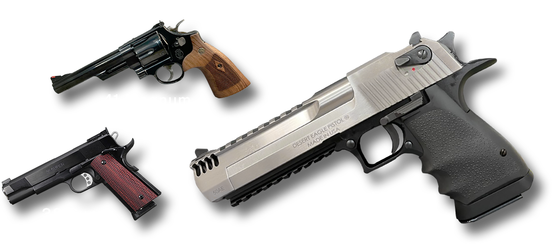 41 magnum revolver, 38 super pistol, and 50 AE pistol