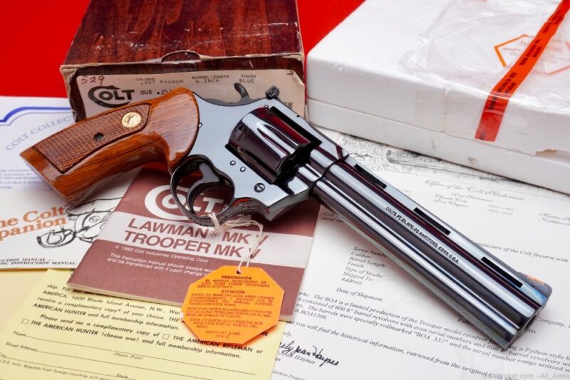 GunBroker.com Item #1043091782, HOLY GRAIL Colt BOA .357 Mag 6" Blue #536 KING OF SNAKES Lettered was sold for $28,776.00 on 4/07/2024