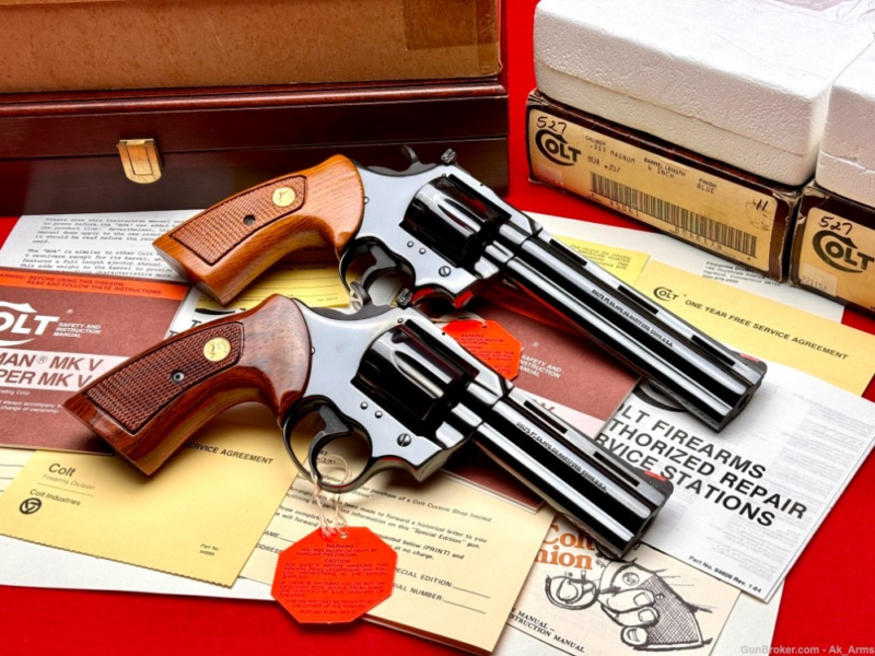 GunBroker Item #1027101430, Colt BOA Factory Cased Set .357 Mag Serial Numbers 173 And 174 was sold for $65,055.00 on 1/12/2024