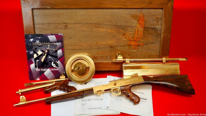 Most Expensive Items Sold on GunBroker | January 2025 - American 180 24KT Gold Limited Edition #000 Machine Gun was sold for $40,025.00 on 01/26/2025