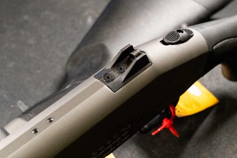 The low-profile ghost ring sight system is designed to be compatible with modern ammunition, such as flight control tactical buckshot, keeping shots tight at around 25 yards. 