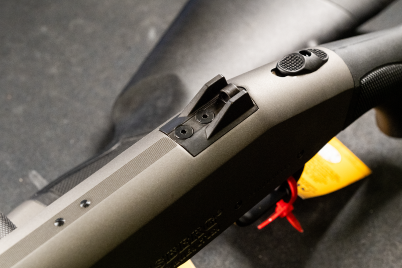 The low-profile ghost ring sight system is designed to be compatible with modern ammunition, such as flight control tactical buckshot, keeping shots tight at around 25 yards. 