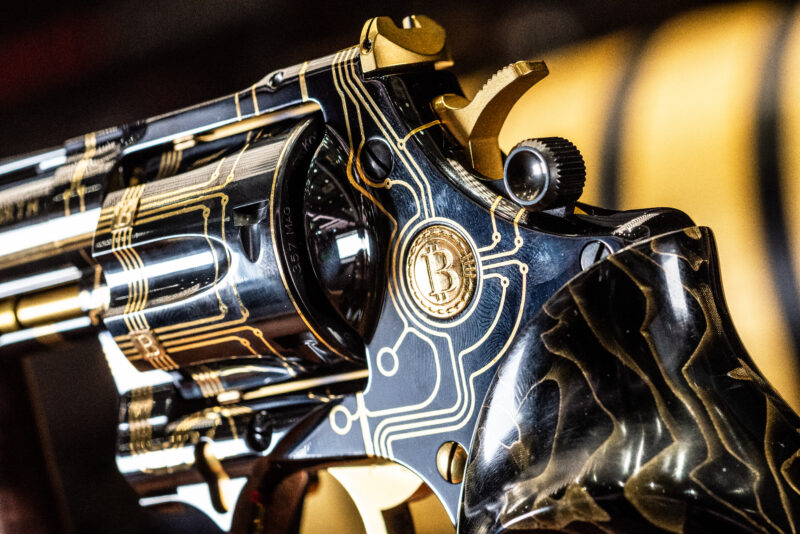 The Korth Bitcoin has 1.8 ounces of 24-karat pure gold, hand-inlaid throughout the revolver