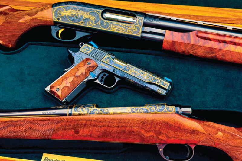 GunBroker Item #1141304758, FEGA Expert Engraved & 24k Inlay | Remington 200th Custom Deluxe 3-Gun Set sold for $53,075.00 on 12/14/2025