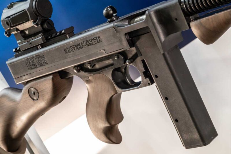 Walnut-style furniture maintains the classic Thompson look on both the 1927 A3 .22 LR and T5P models from Auto-Ordnance Corporation