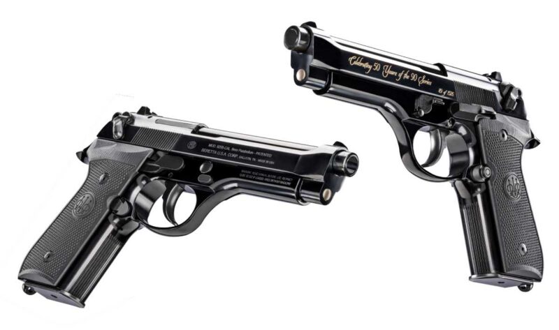 High-polish slide, barrel, and frame bring a classic look to the 92 SB Anniversary Edition .