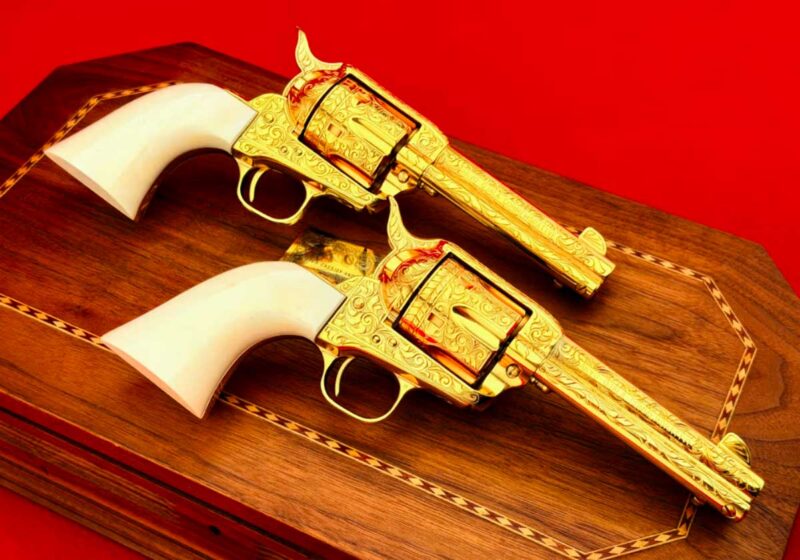 Gunbroker Item #1156655890, Consecutive SN# Colt SAA Set 24K Gold & Ivory *Robert Valade Master Engraved* Sold For $31,876.99 on 3/8/2026