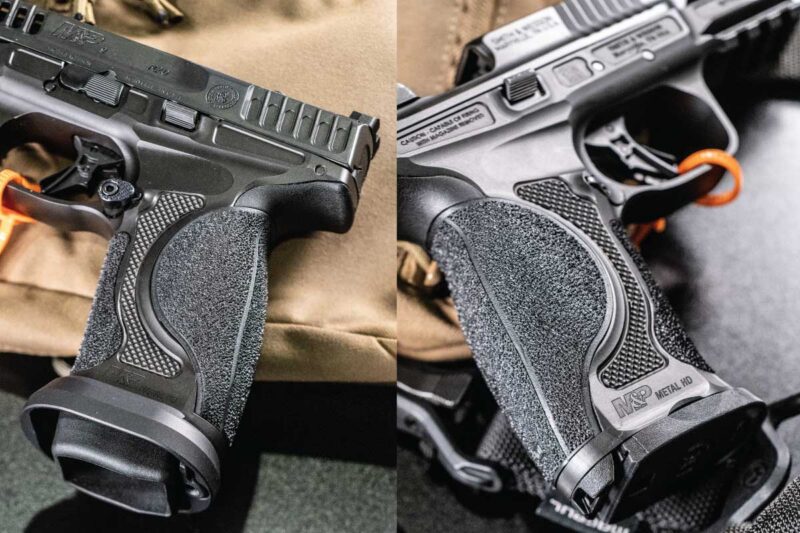 Interchangeable backstraps allow shooters to customize grip fit on the M&P9 Metal HD series.