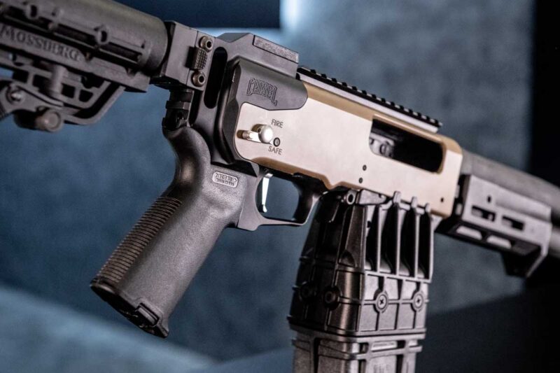 Mossberg’s new rotating safety system improves ergonomics for pistol grip shotgun configurations.