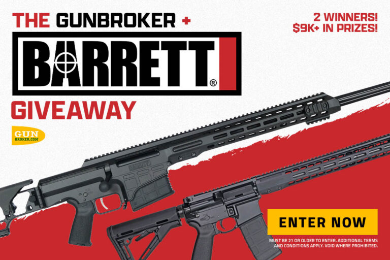 Enter the GunBroker June 2026 Sweepstakes for a chance to win a Barrett MRAD in .300 Win Mag or a Barrett REC7 DI 5.56 rifle. Daily entries available.