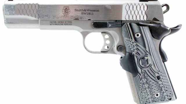 Smith & Wesson SW1911 .45 ACP 5” Stainless Steel Finish with Crimson Trace Laser Grips